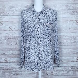 Mango Button Up Blouse Beige Blue L Sheer 234